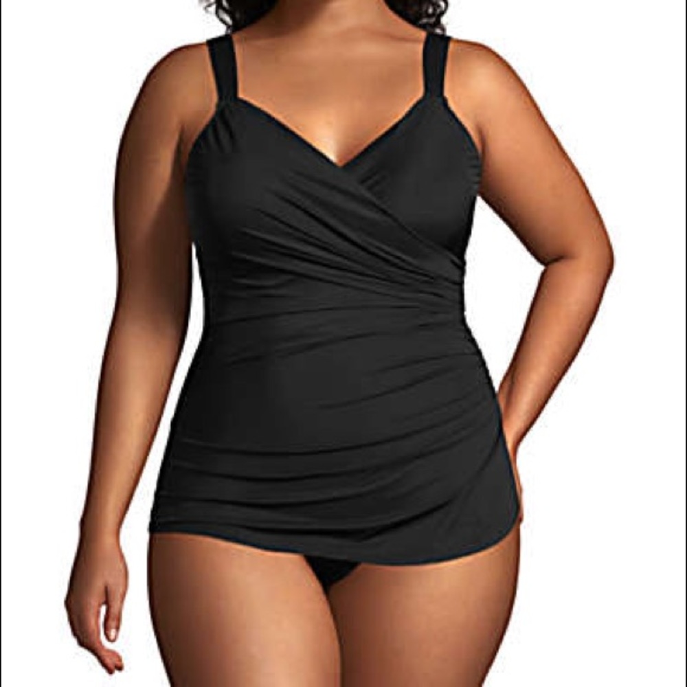 Lands End 1-Piece Swimsuit Black Draped Slimming